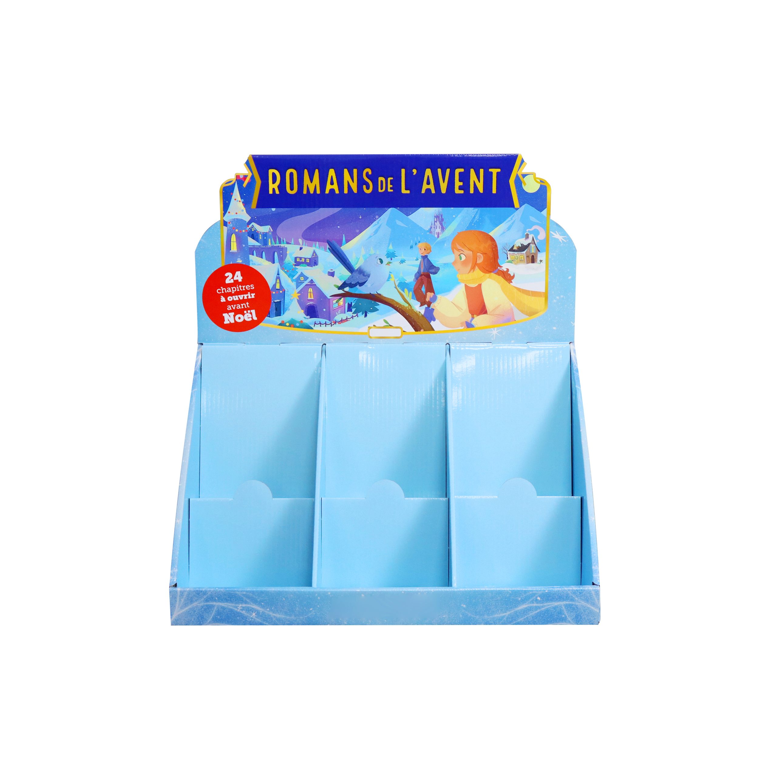 Angled cardboard PDQ display for storybooks