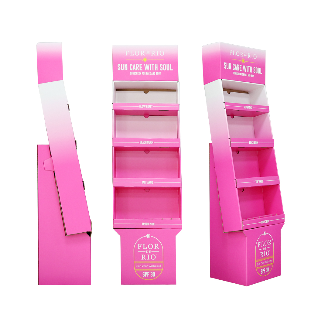 Custom Printed 4-Tier Cardboard Floor Display Stand for Sun Care Products