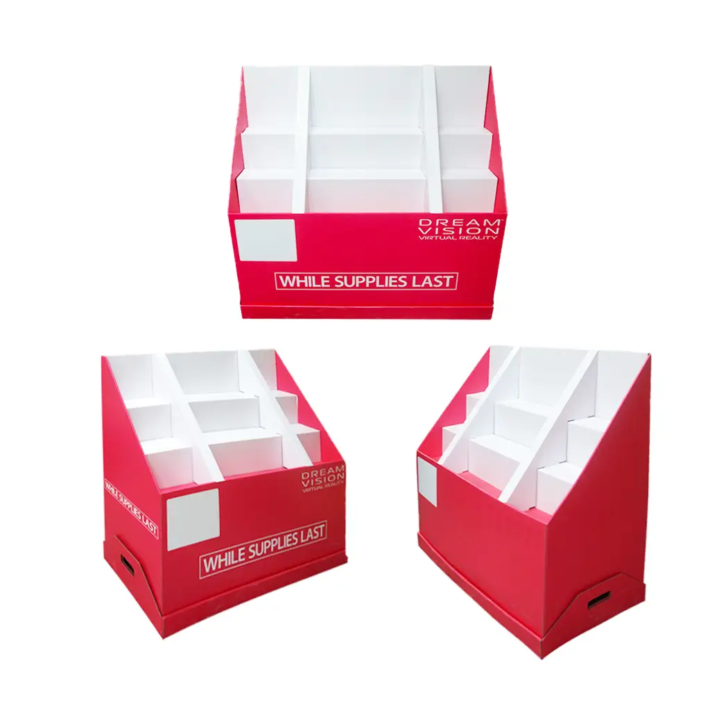 Red corrugated cardboard pallet display counter box for supermarket retail promotion