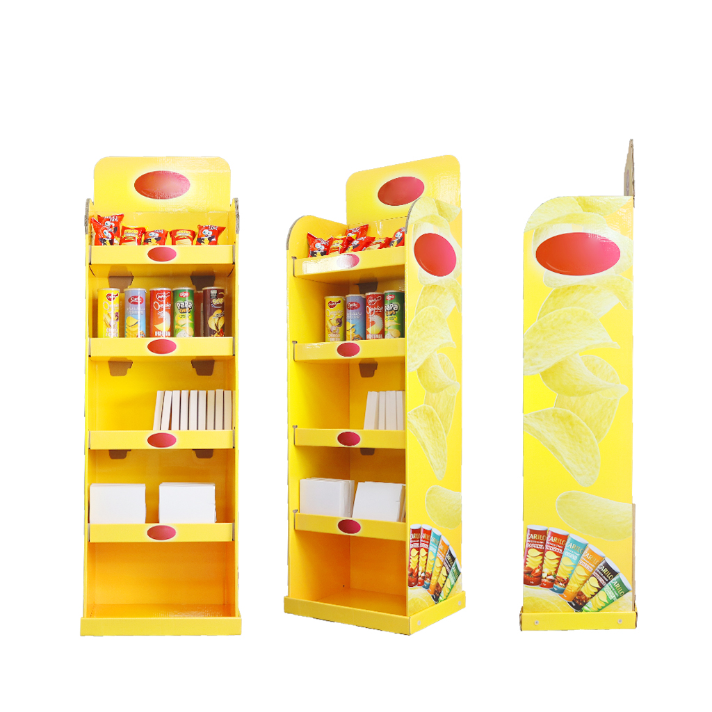 Custom Printed Cardboard Potato Chips Floor Display Stand, Corrugated Paper Promotional Display Rack for Supermarket Snacks
