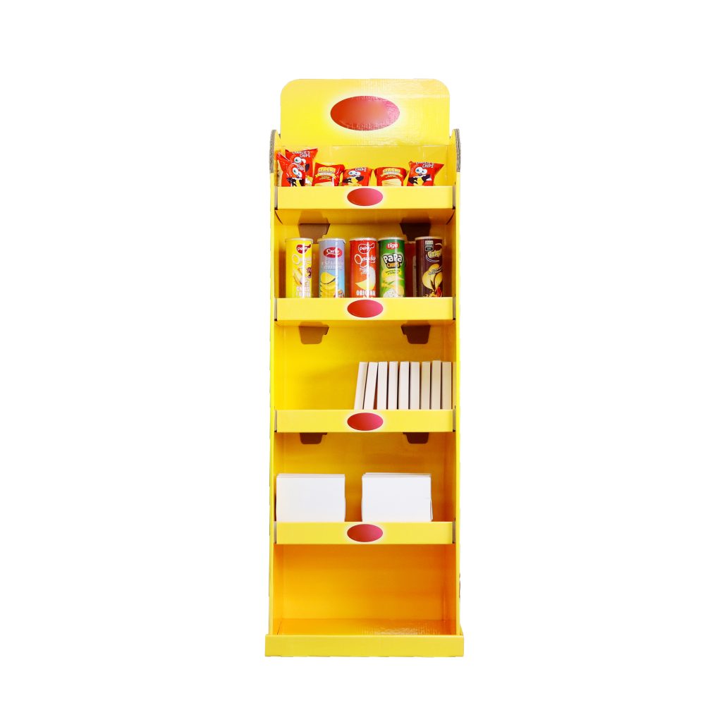 Side view of a custom cardboard snack display