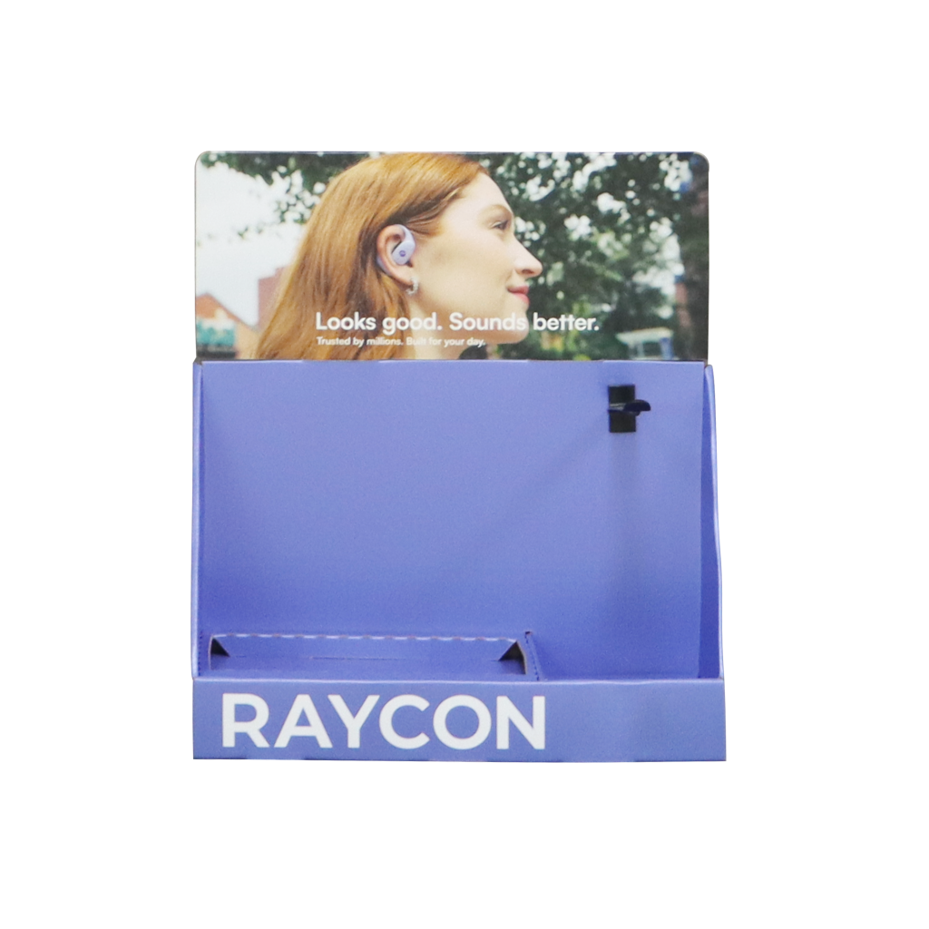 Cardboard counter display with dedicated earbuds positions