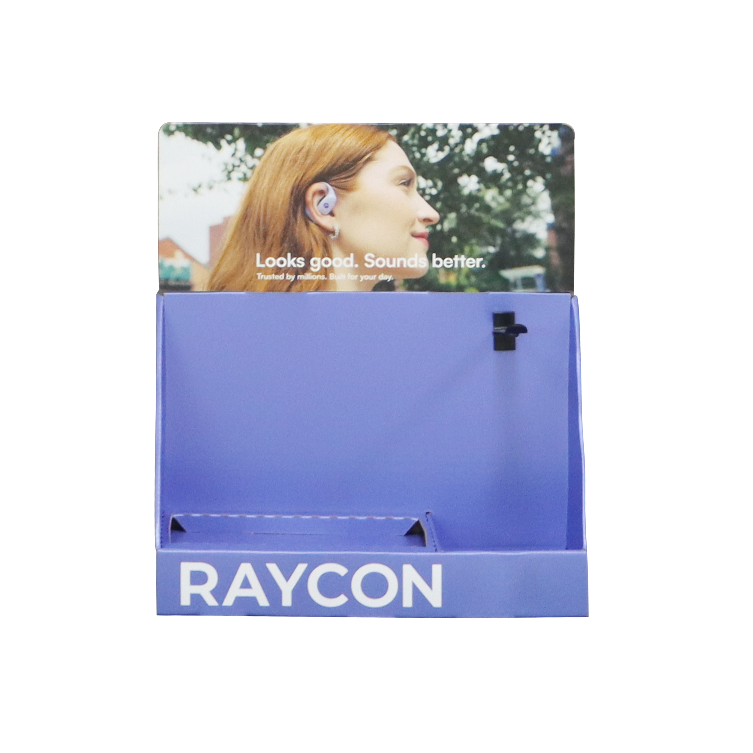 Cardboard counter display with dedicated earbuds positions