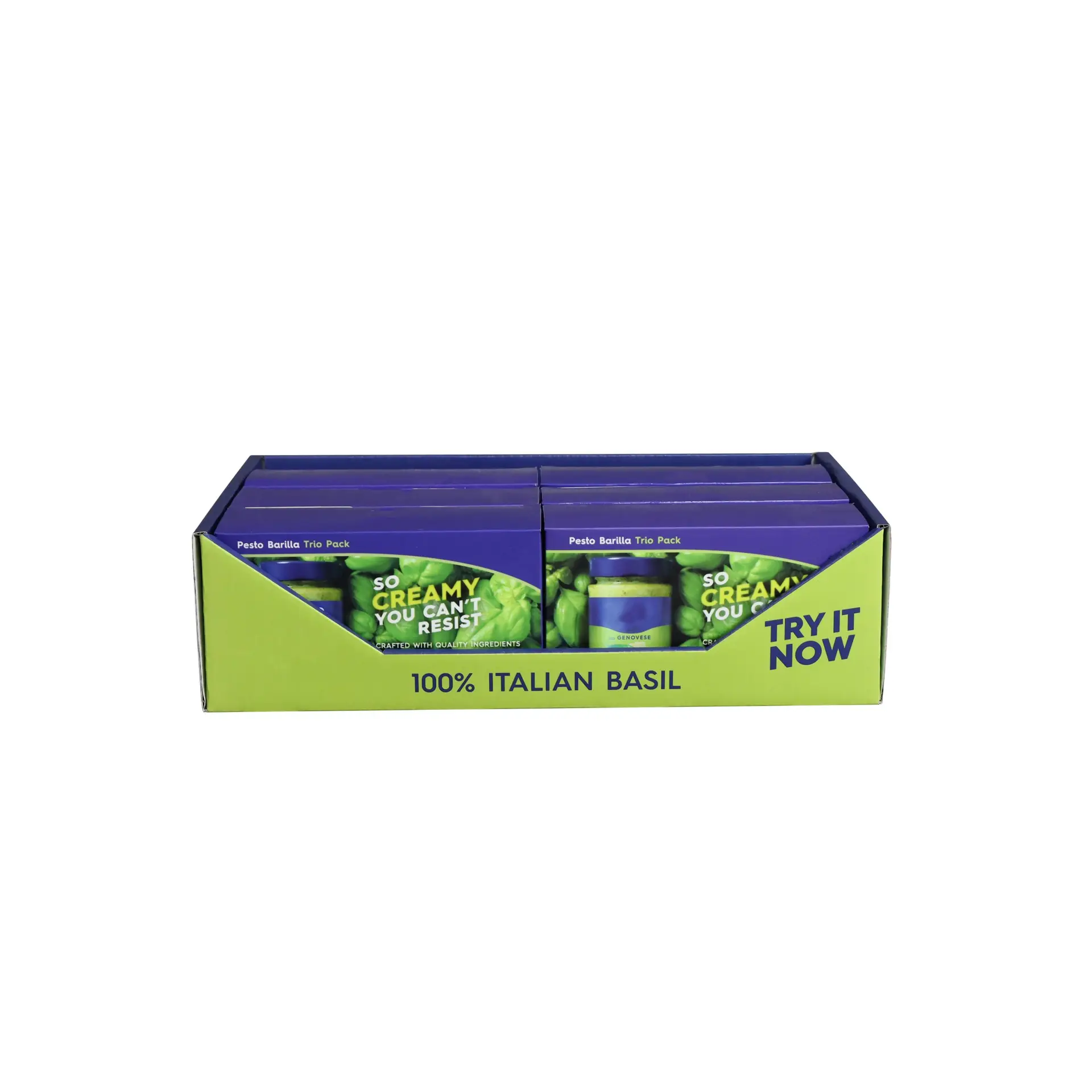 Front view of cardboard shelf ready display tray