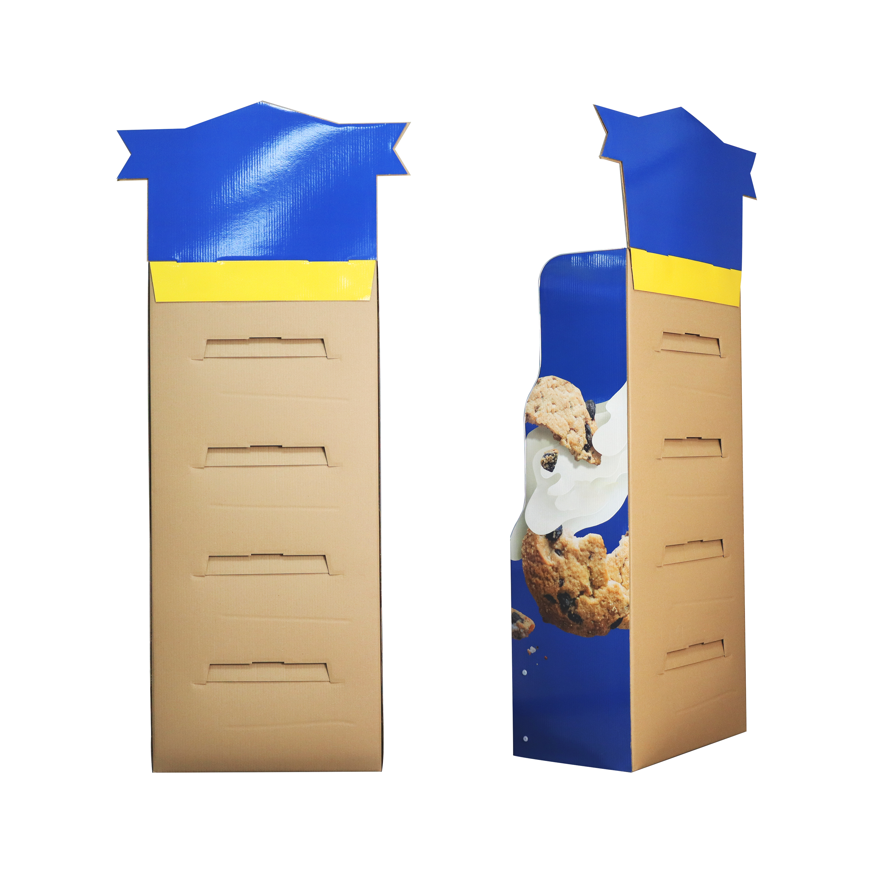 custom corrugated cardboard compartment display floor shelf for retail snack promotion
