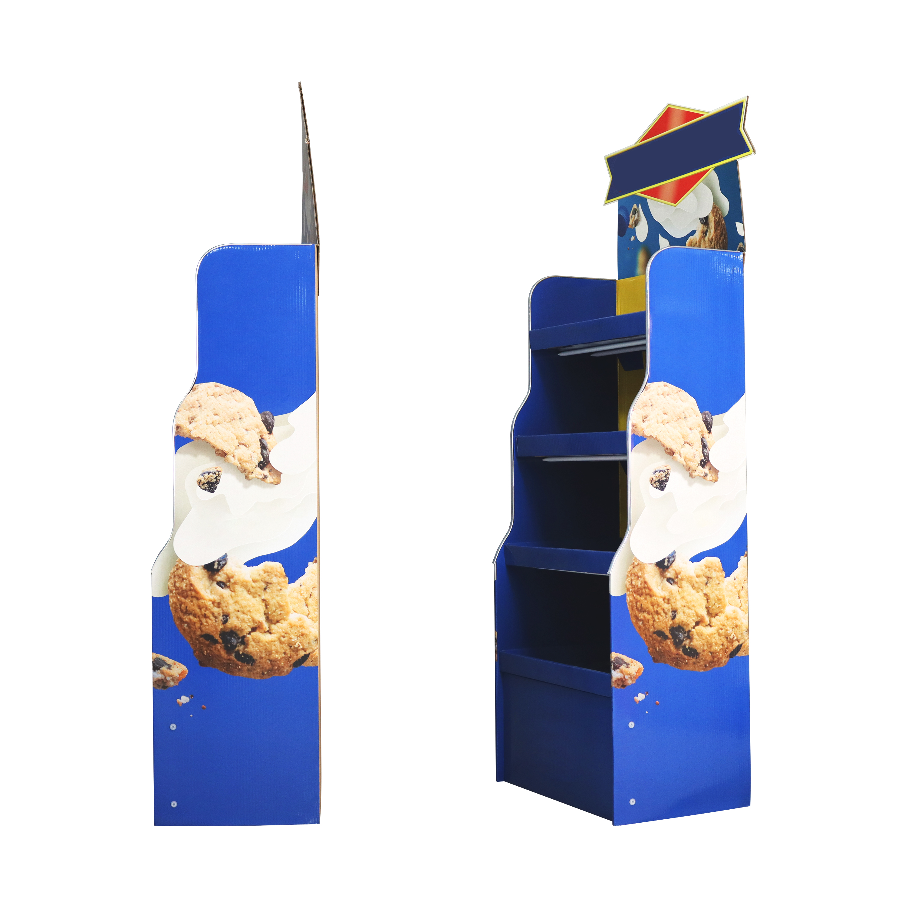 custom corrugated cardboard compartment display floor shelf for retail snack promotion