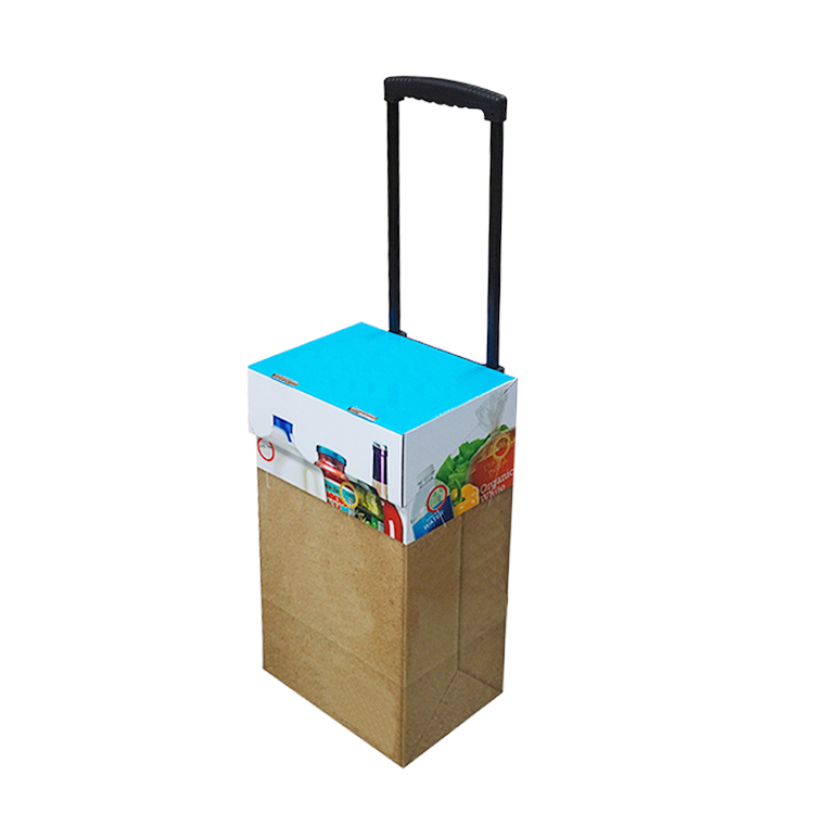 Custom printed cardboard trolley with pull handle, recyclable corrugated retail display cart