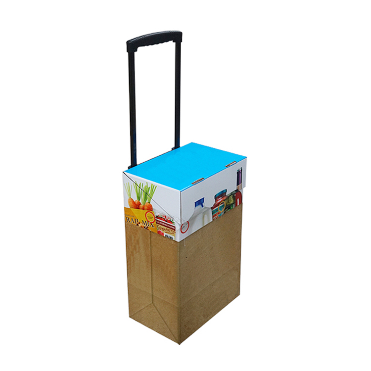 Custom printed cardboard trolley with pull handle, recyclable corrugated retail display cart