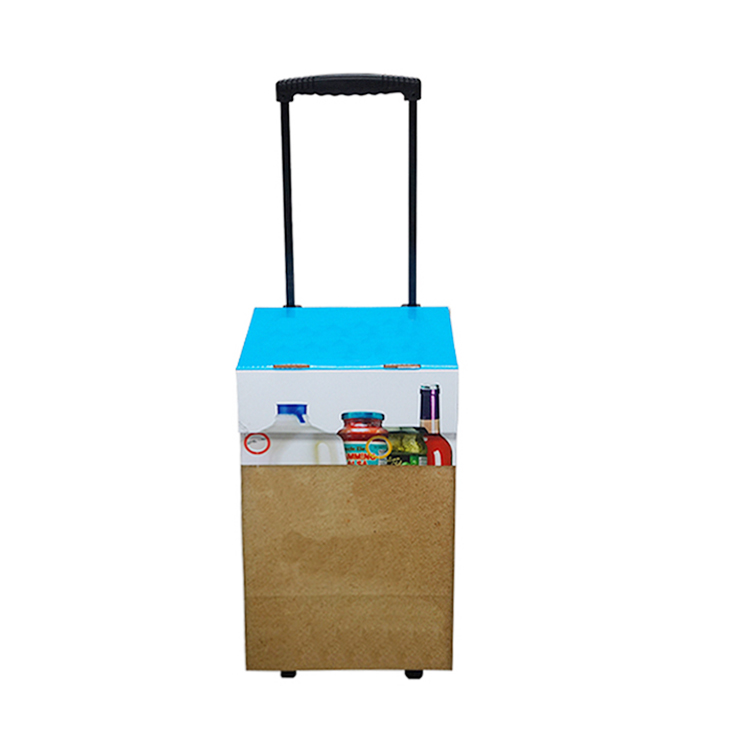 Custom printed cardboard trolley with pull handle, recyclable corrugated retail display cart