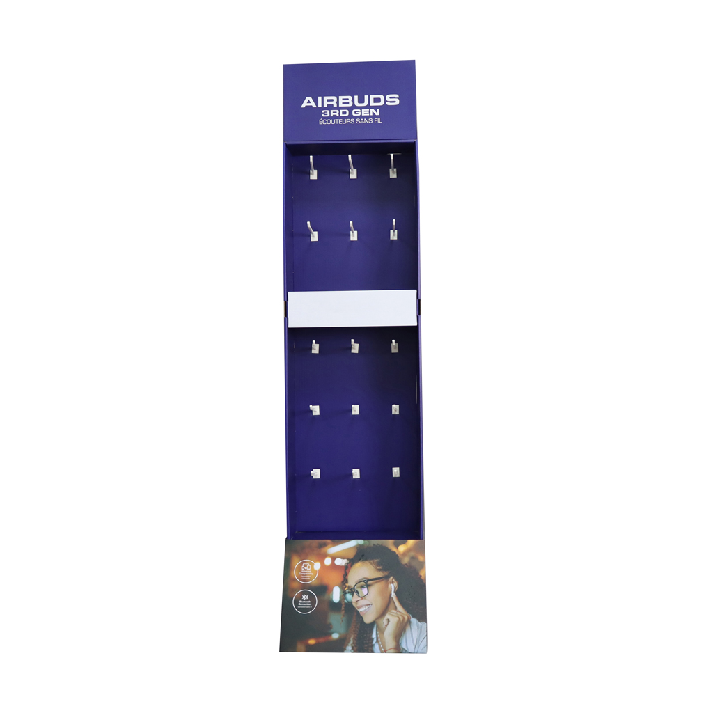 Purple cardboard floor display stand for Airbuds 3rd Gen wireless earphones, hook display rack
