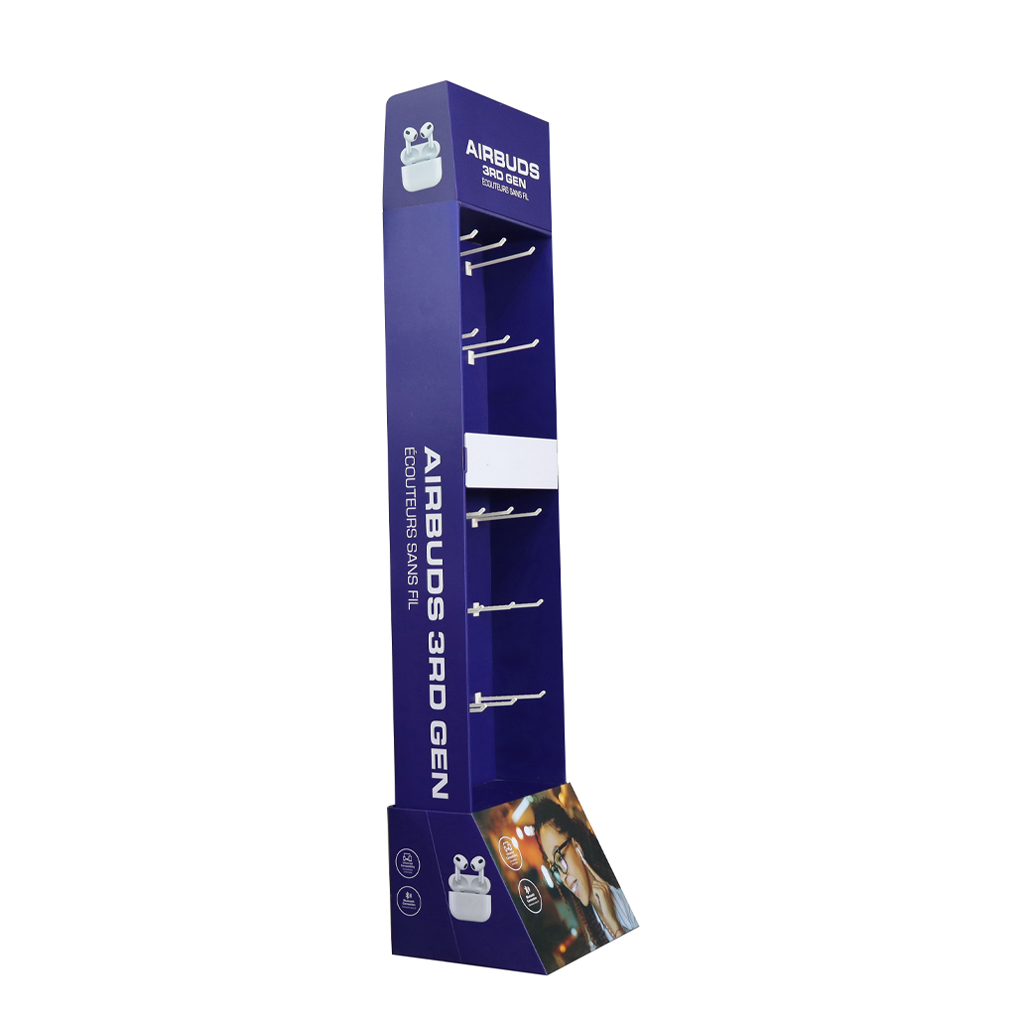 Purple cardboard floor display stand for Airbuds 3rd Gen wireless earphones, hook display rack