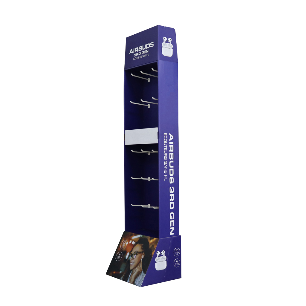 Purple cardboard floor display stand for Airbuds 3rd Gen wireless earphones, hook display rack