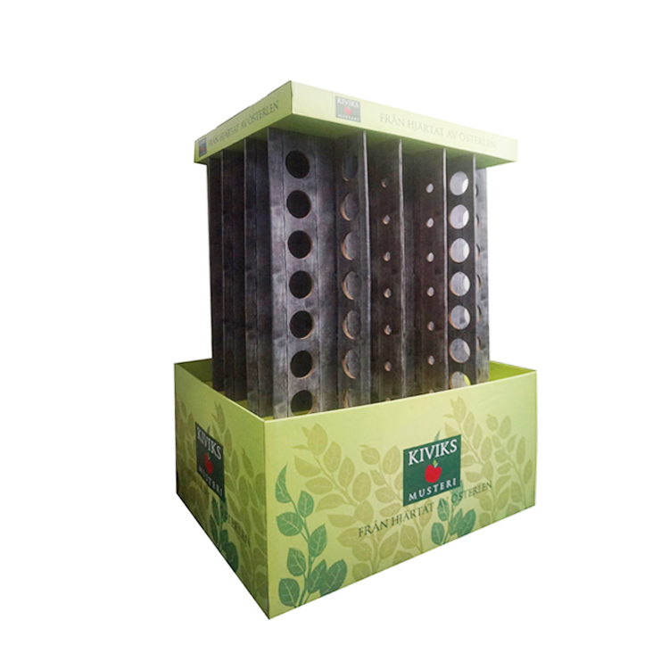 Custom printed cardboard floor compartment display rack, vertical bottle display stand for beverage wine retail supermarket