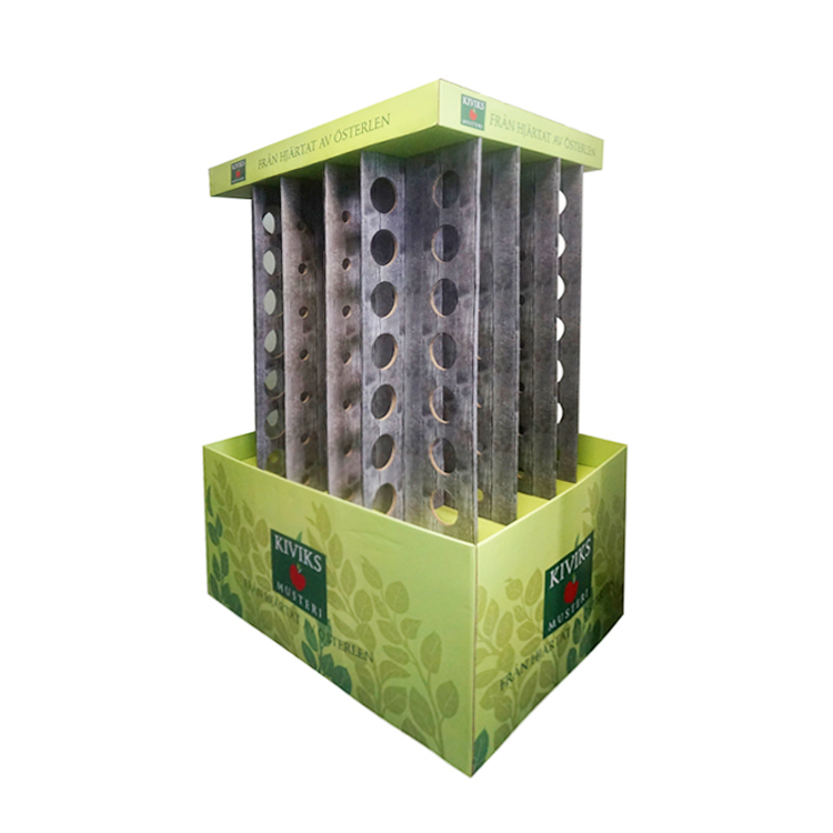 Custom printed cardboard floor compartment display rack, vertical bottle display stand for beverage wine retail supermarket