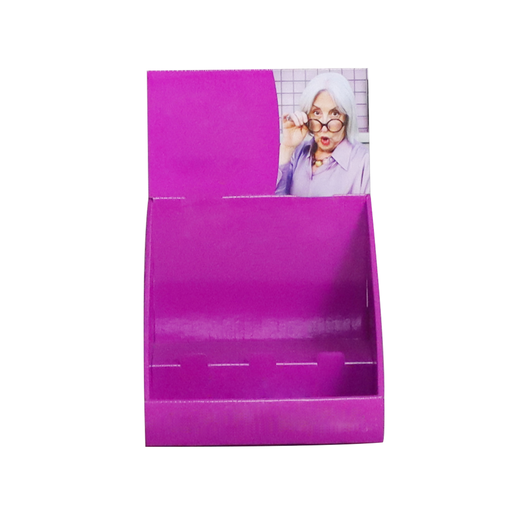 Custom printed purple cardboard PDQ display box, foldable countertop PDQ display stand for retail checkout merchandising