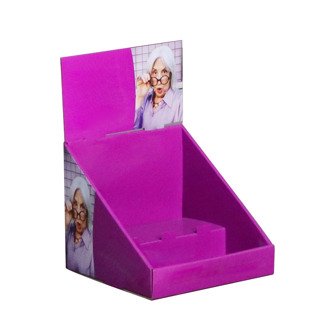 Custom printed purple cardboard PDQ display box, foldable countertop PDQ display stand for retail checkout merchandising