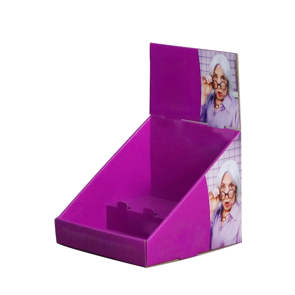 Custom printed purple cardboard PDQ display box, foldable countertop PDQ display stand for retail checkout merchandising