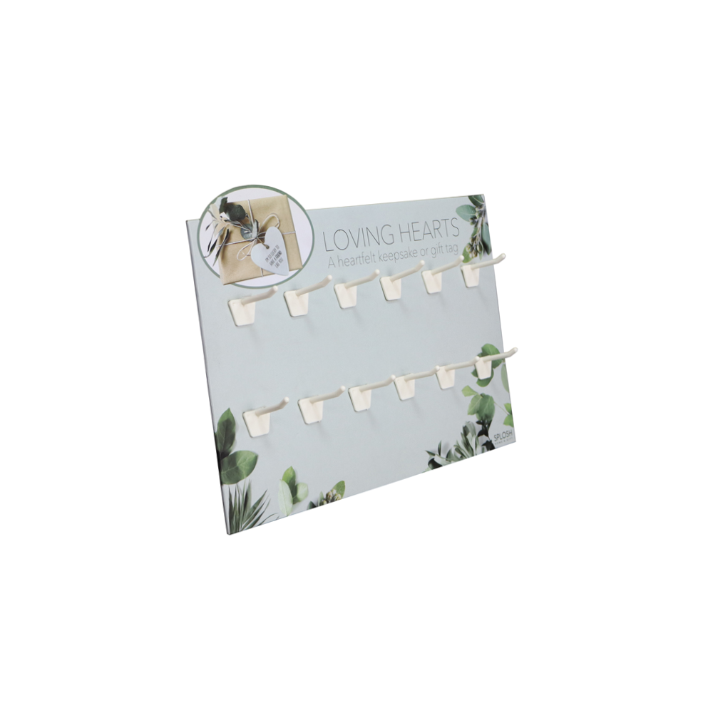 Angled view of a printed countertop hook display for hanging gift tags