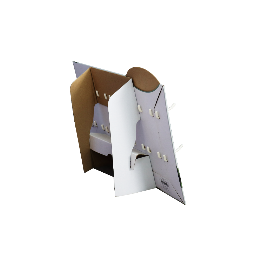 Rear view of a cardboard hook display with foldable easel supports