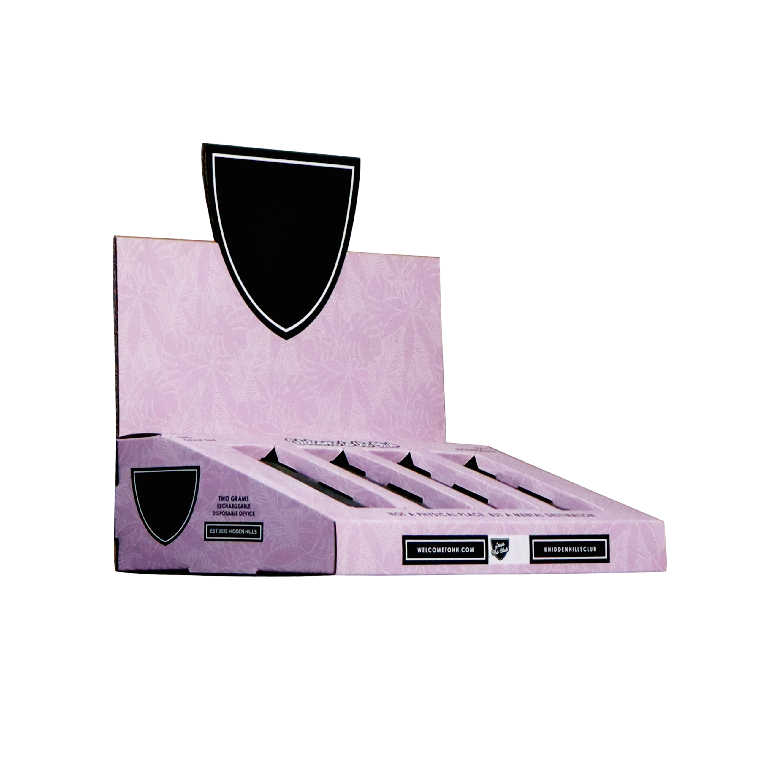 Angled view of a pink cosmetic PDQ display with four product compartments