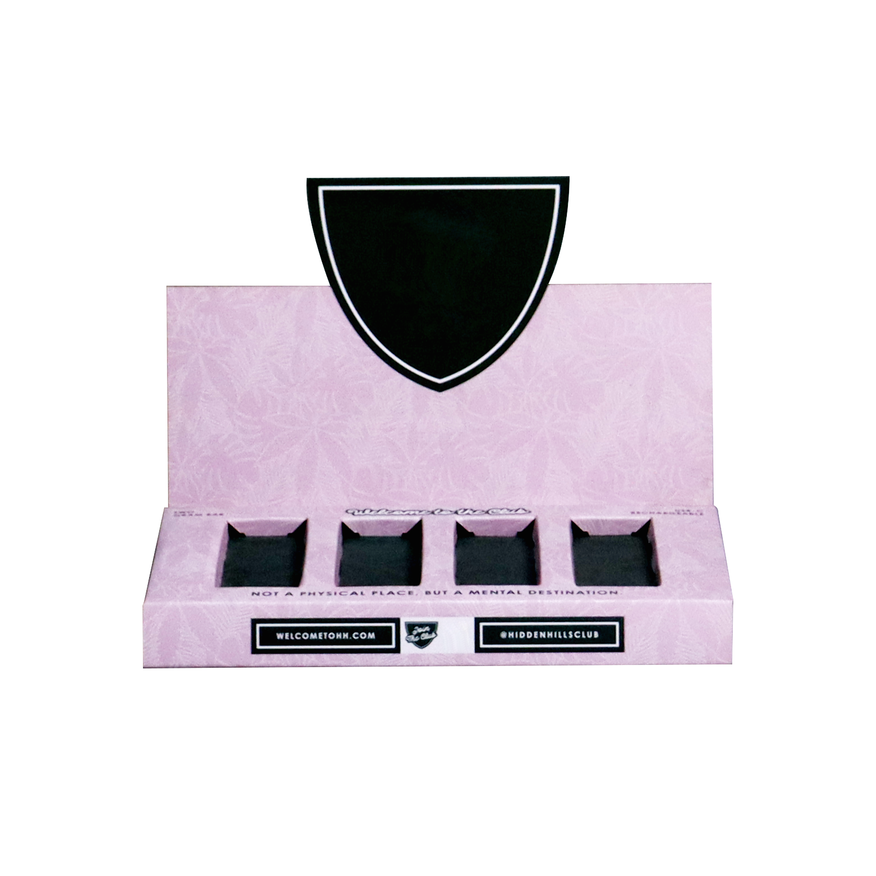 Front view of a pink cosmetic PDQ display with four product compartments and a shield-shaped header