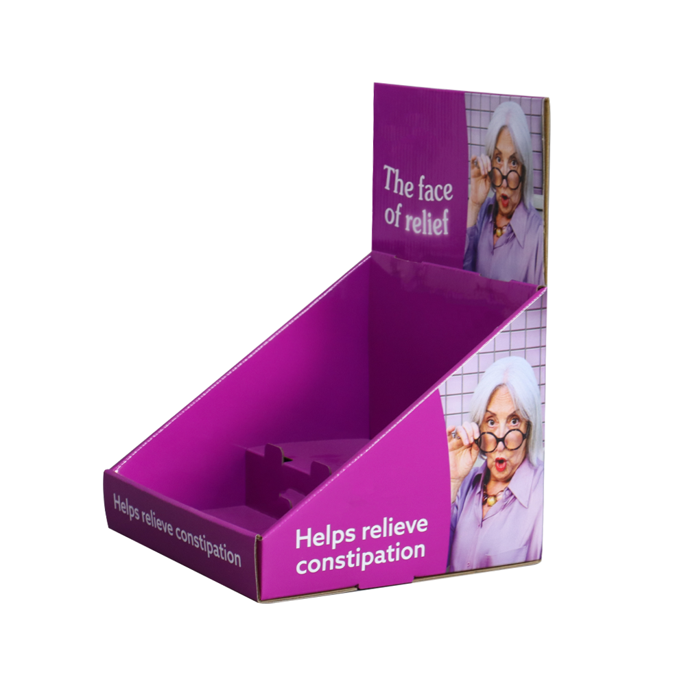 Right-angle view of a custom medicine PDQ display box with a deep tray and printed side panel
