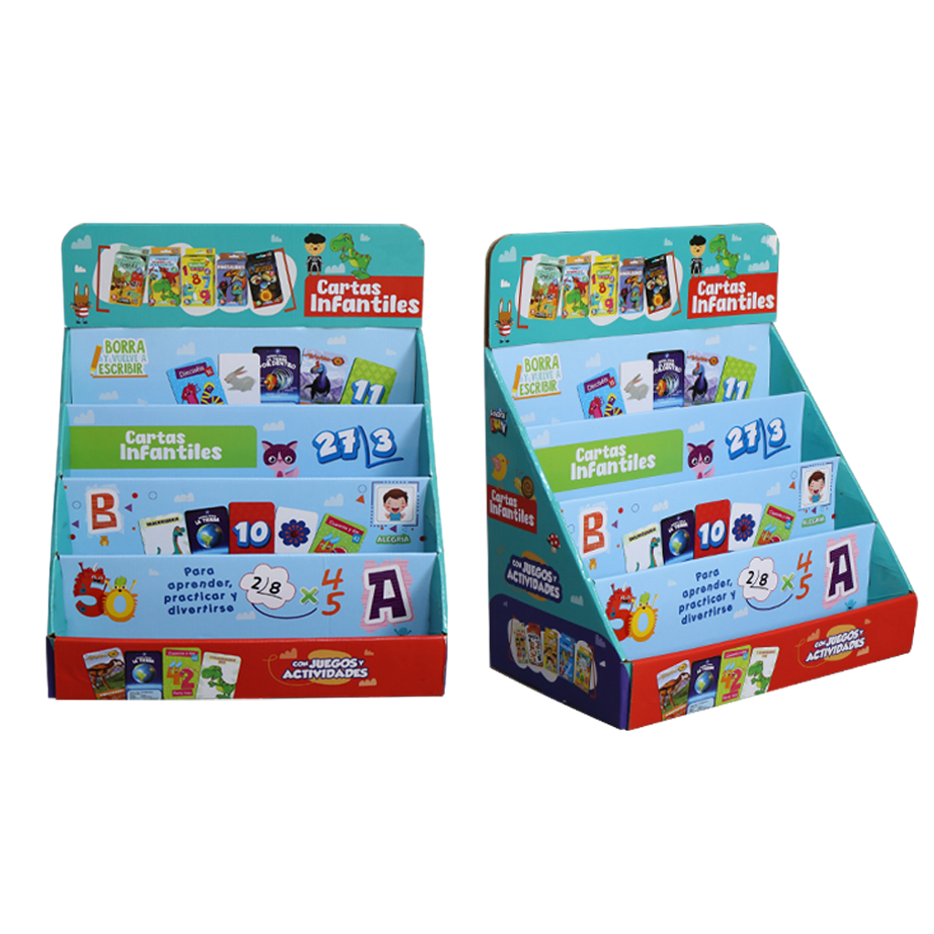 Front and angled views of a blue three-tier card game PDQ display