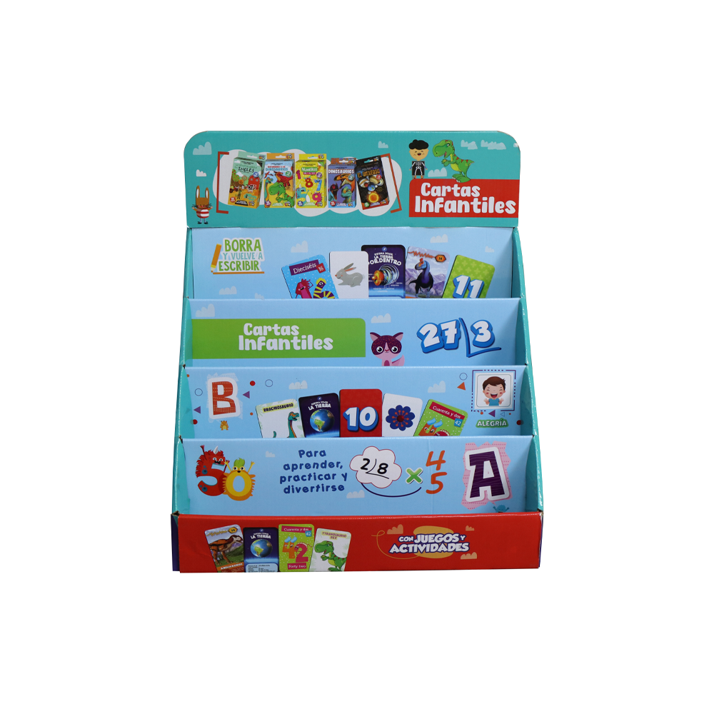 Front view of a custom three-tier cardboard PDQ display holding children’s card games
