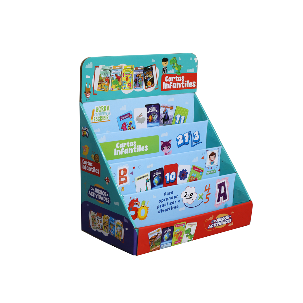Angled view of a blue three-tier card game PDQ display with printed side panels