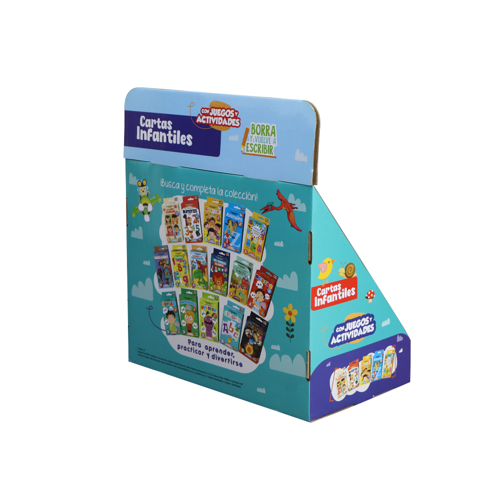Rear view of a custom cardboard card game PDQ display with full-color graphics