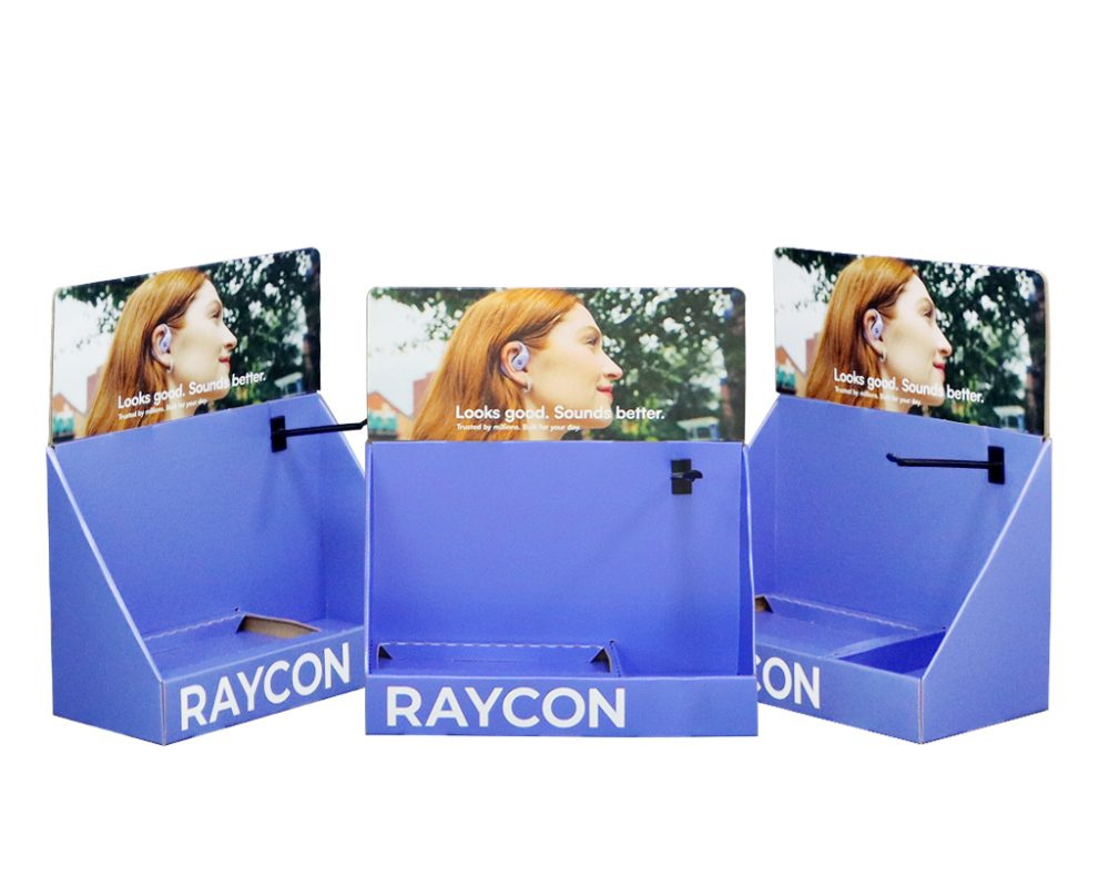 Printed header and side panels on an electronics counter display