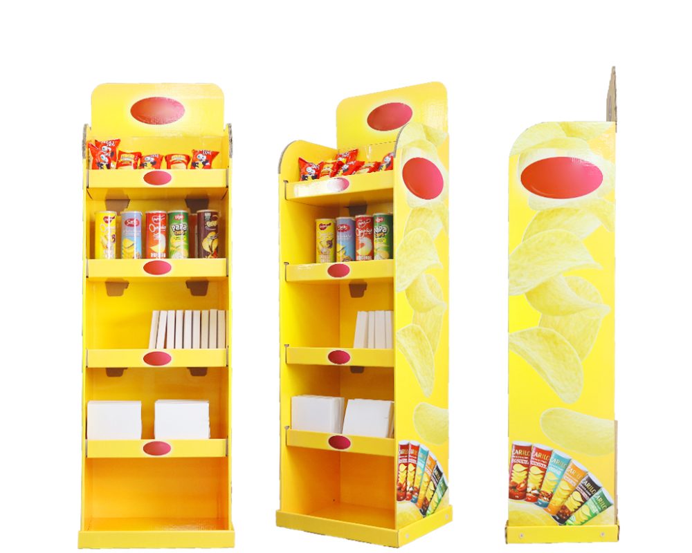 Custom four shelf cardboard snack floor display in a retail store